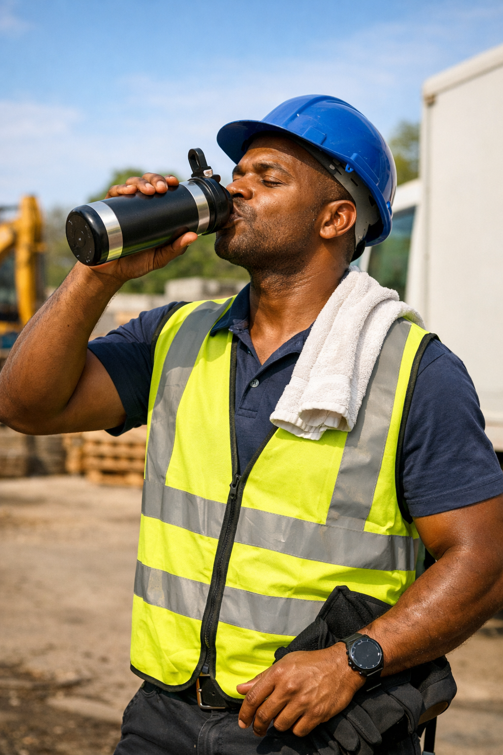 A South African construction or delivery worker outdoors during a warm day drinking water from a reusable bottle while taking a short break at work.